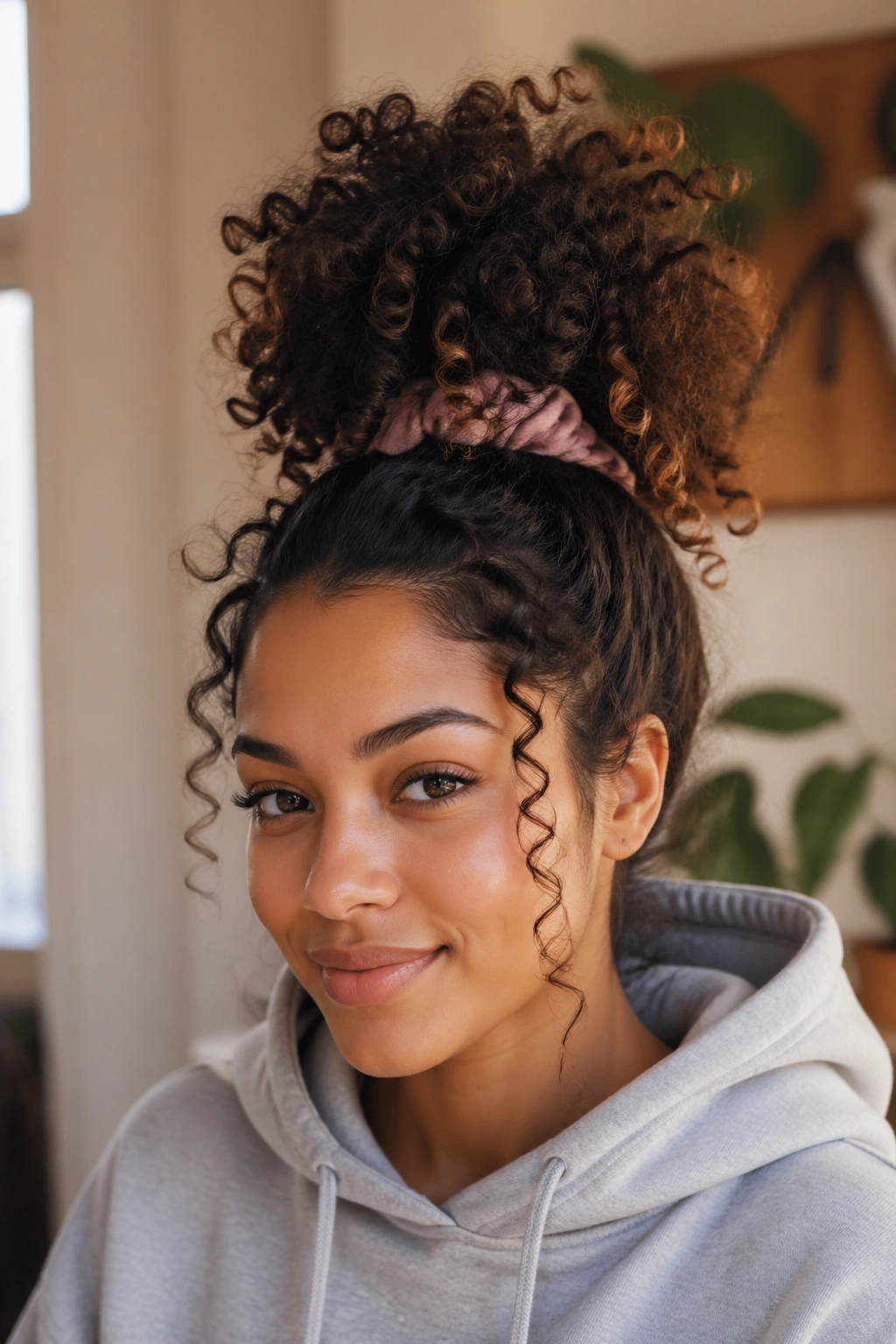 Close-up of a real woman with a high pineapple puff beneath a hoodie