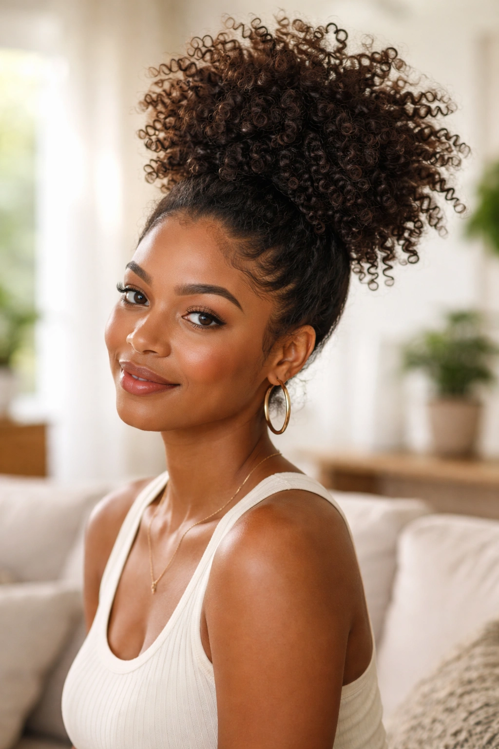 Portrait of a real woman with high pineapple sponge curls in bright living room