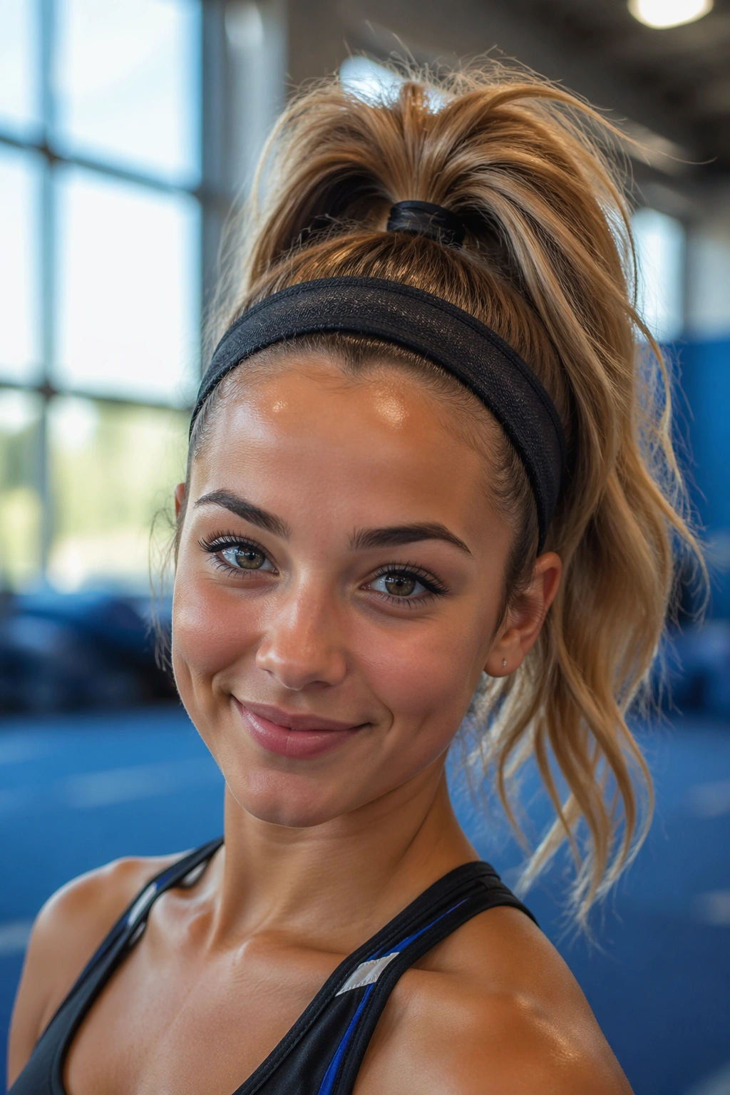Close-up of a real woman with an ultra-high ponytail and sport headband in a gym setting