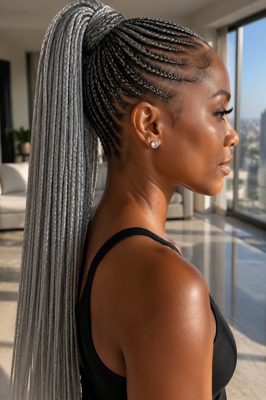 Side-profile close-up of high pony cornrows with a long silver tail.