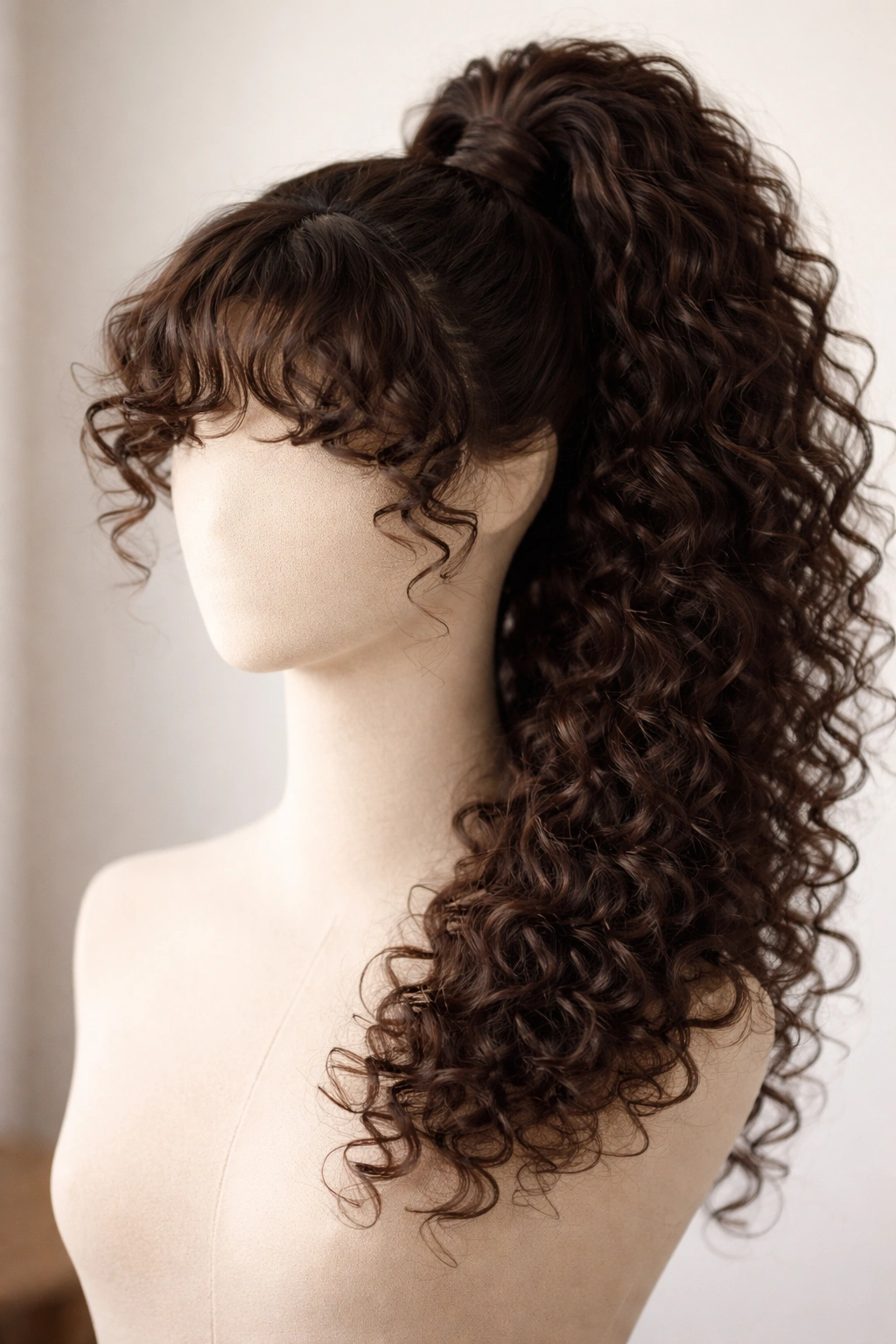 High ponytail with curly bang piece on a headless form