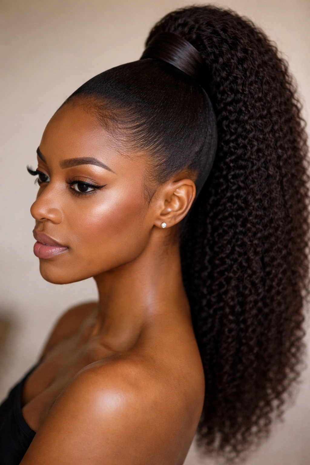 High-sleek ponytail at crown on dense 4C hair with smooth neck
