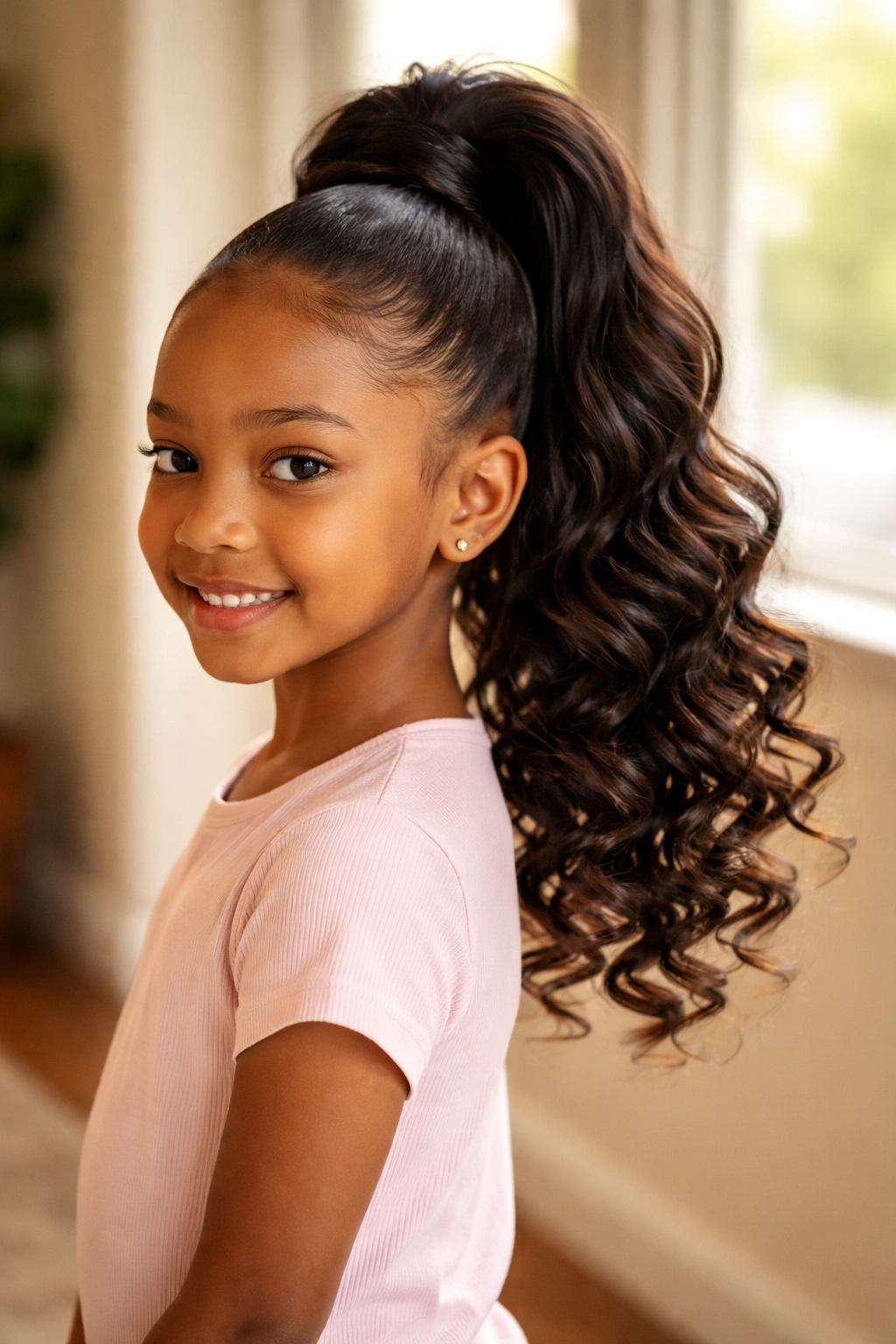 High pony with curly wand curls at the ends
