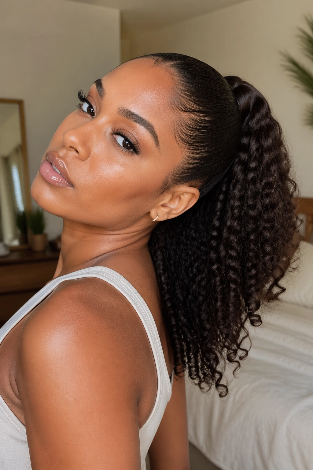 Close-up of a real woman with a high sleek ponytail and curly ends