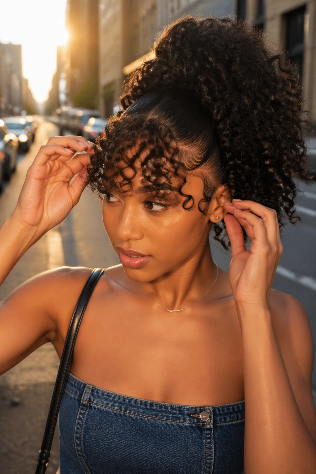 High curly ponytail with curly bangs and baby hairs in golden-hour city street.
