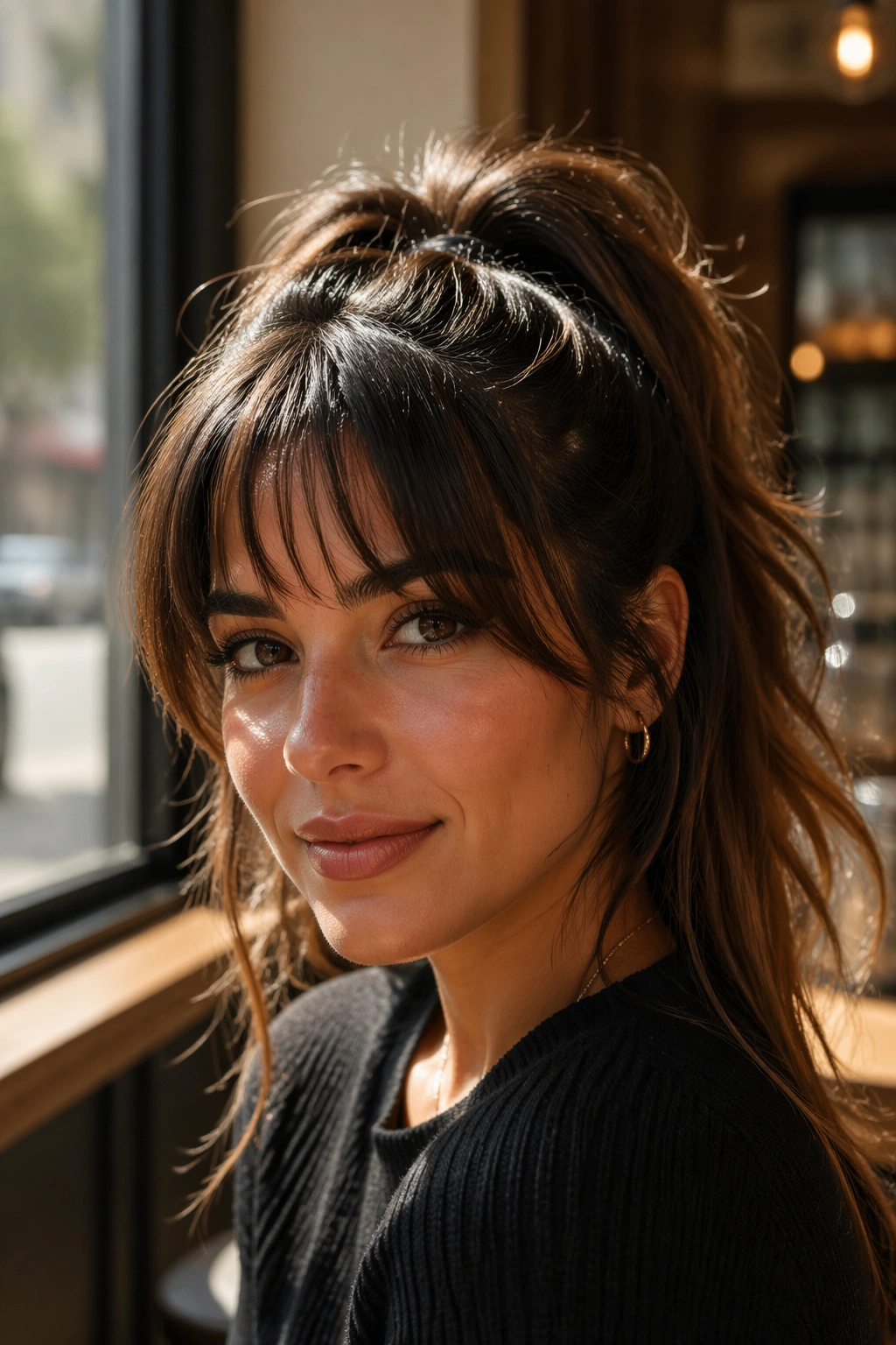 Real woman with bangs and a high ponytail in cafe window light