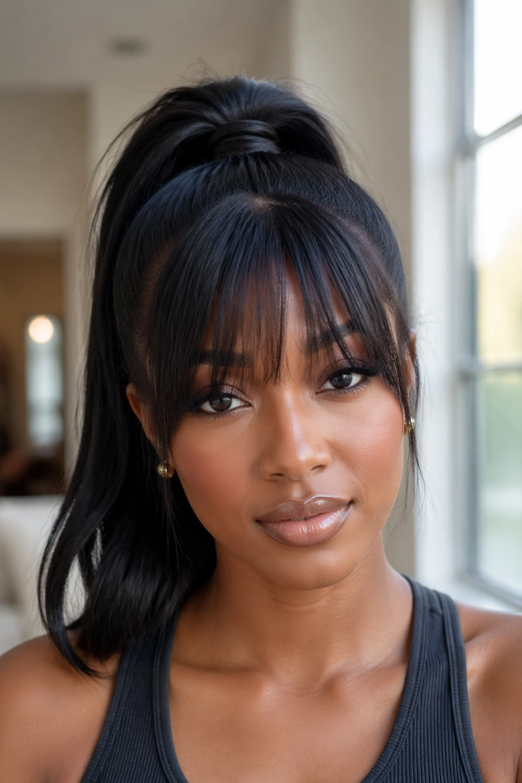 Close-up of a real woman with a high ponytail and bangs in a bright room