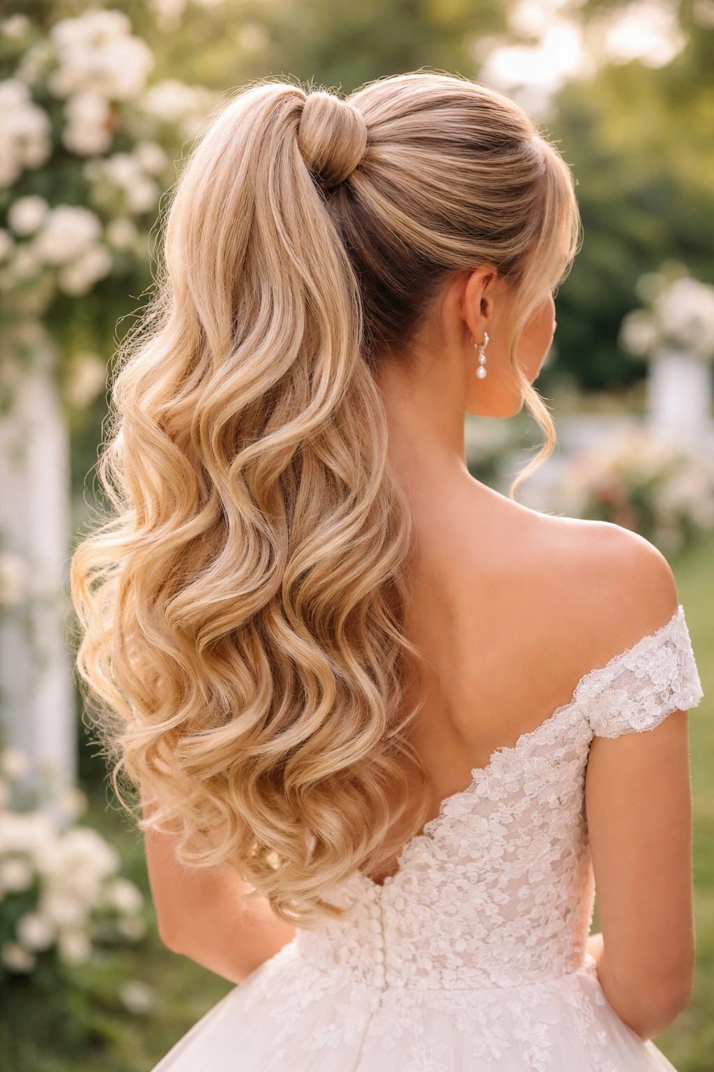 Bride with high ponytail and oversized barrel curls viewed from behind.