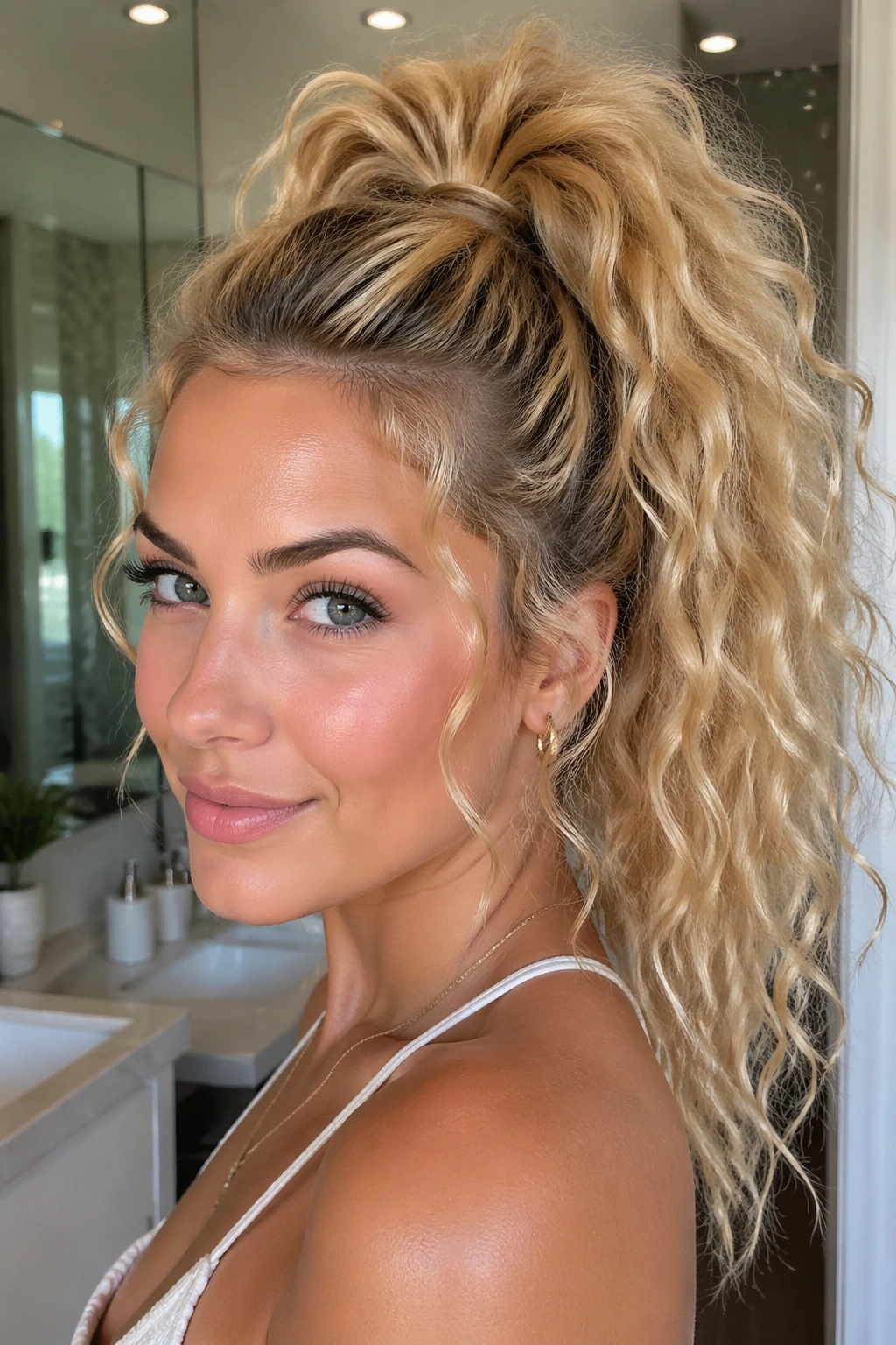 Portrait of a real woman with a high blonde ponytail supported by hidden clip
