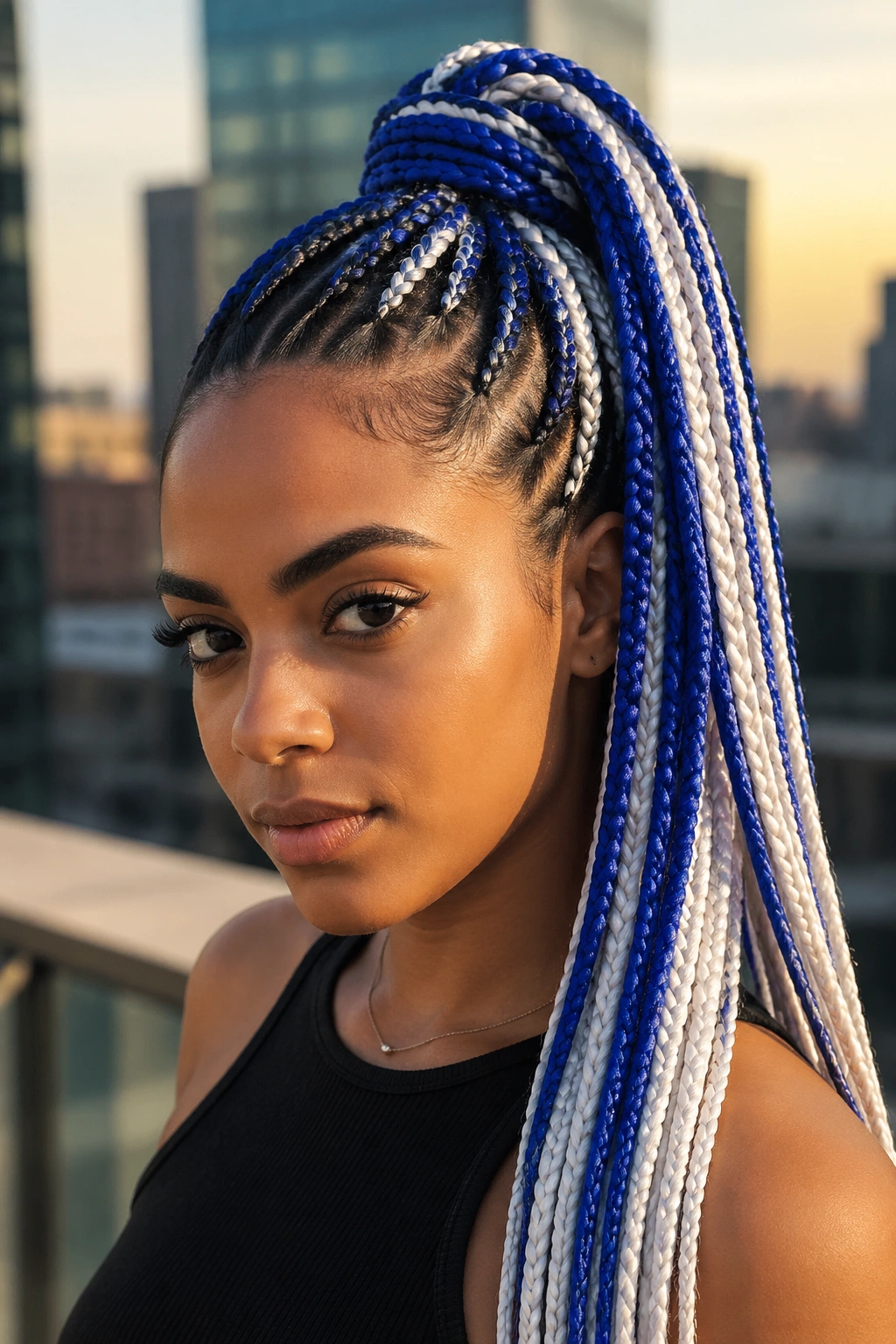Real woman with high ponytail blue and white box braids