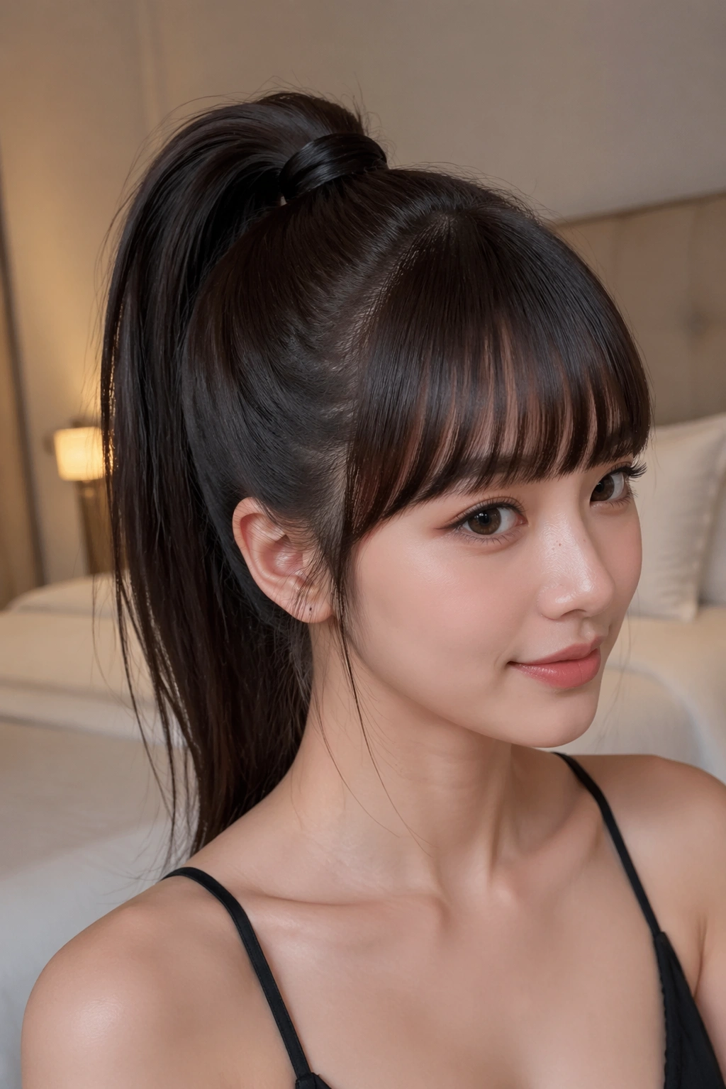 Real woman with wrapped high ponytail and blunt bangs in a bedroom setting