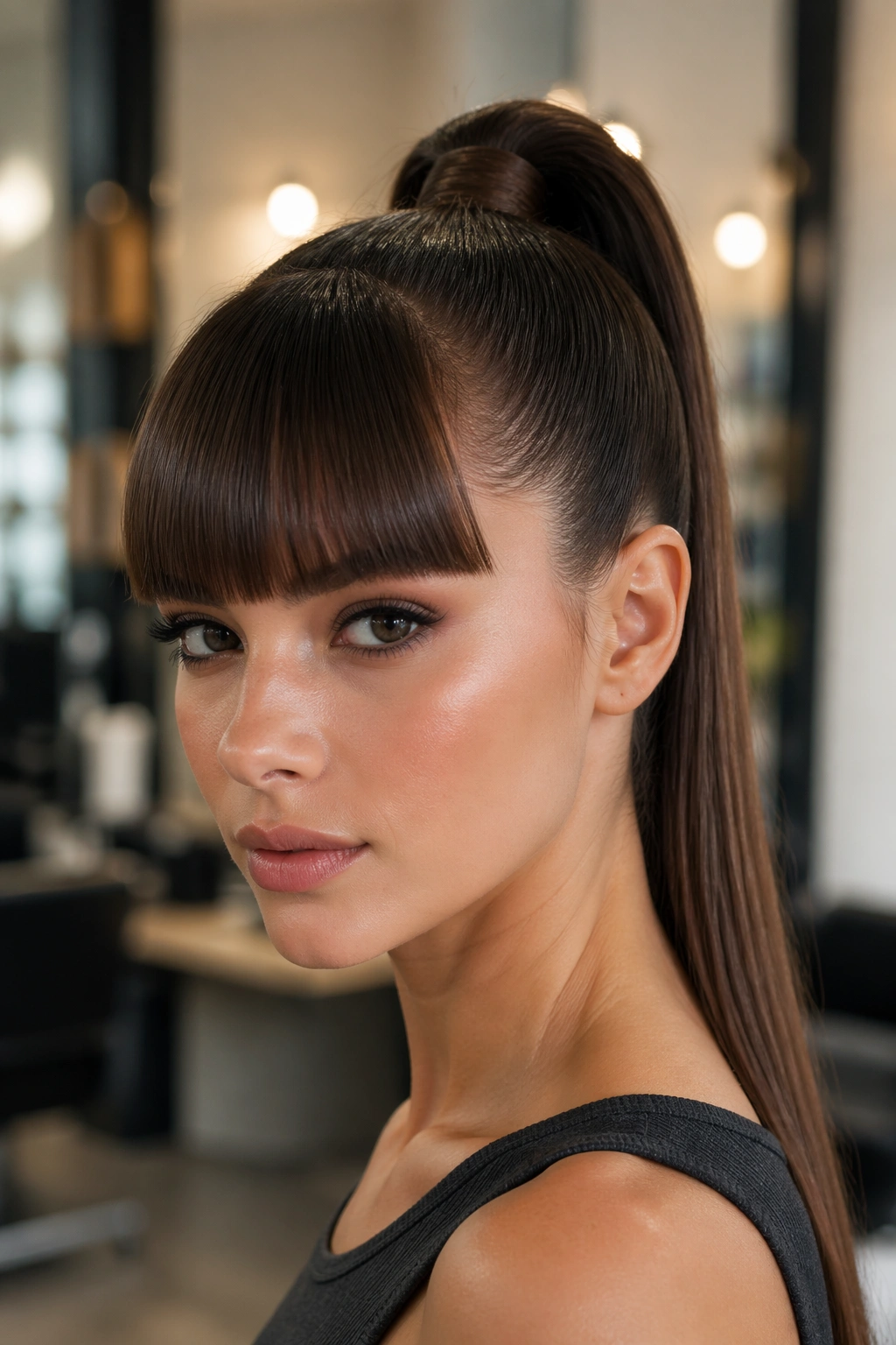 Close-up of a real woman with a high tight ponytail and blunt bangs in a salon-like setting