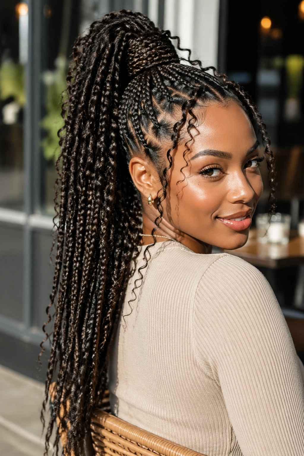 Close-up of a woman with a high ponytail of boho box braids