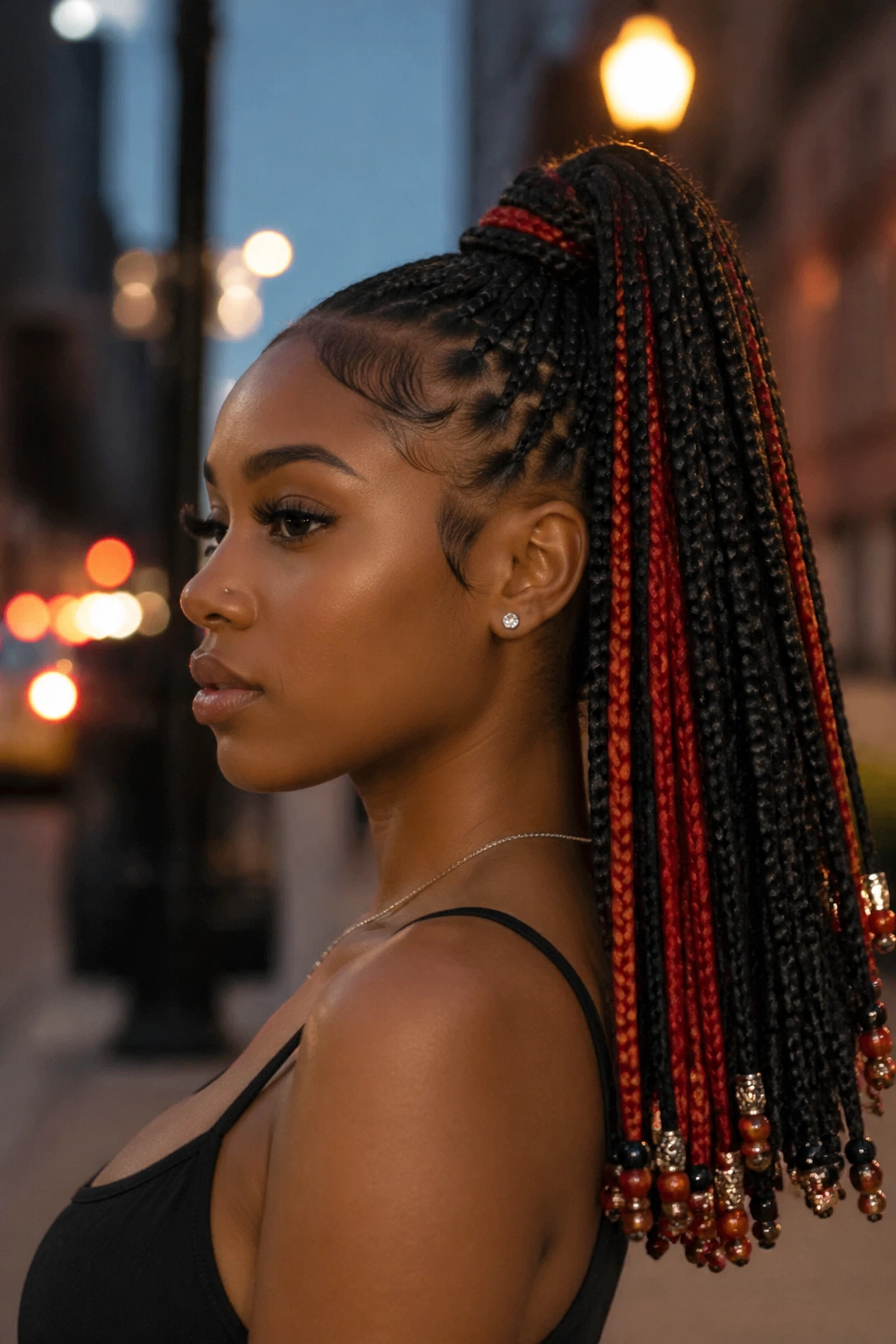 Close-up of a real person with a high ponytail red peekaboo box braids and beaded ends