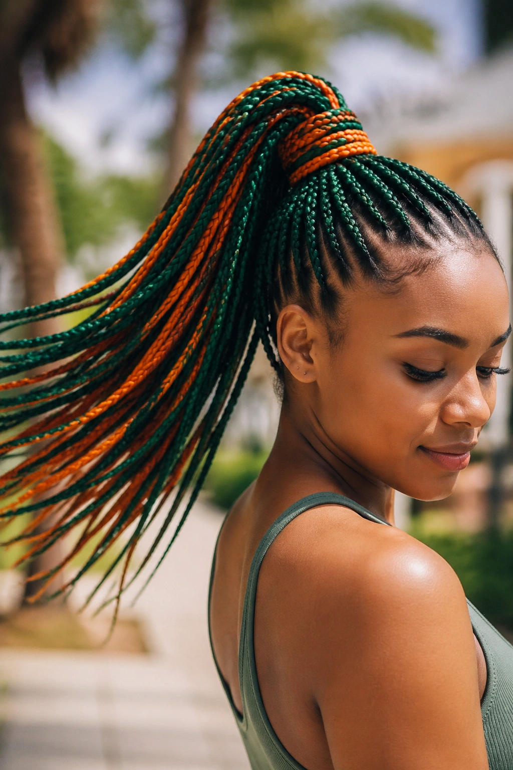 High ponytail box braids wrapped at the base on a real person