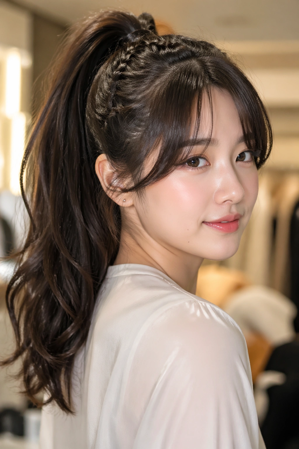 Close-up of a real woman with a high braided-base ponytail and curtain bangs