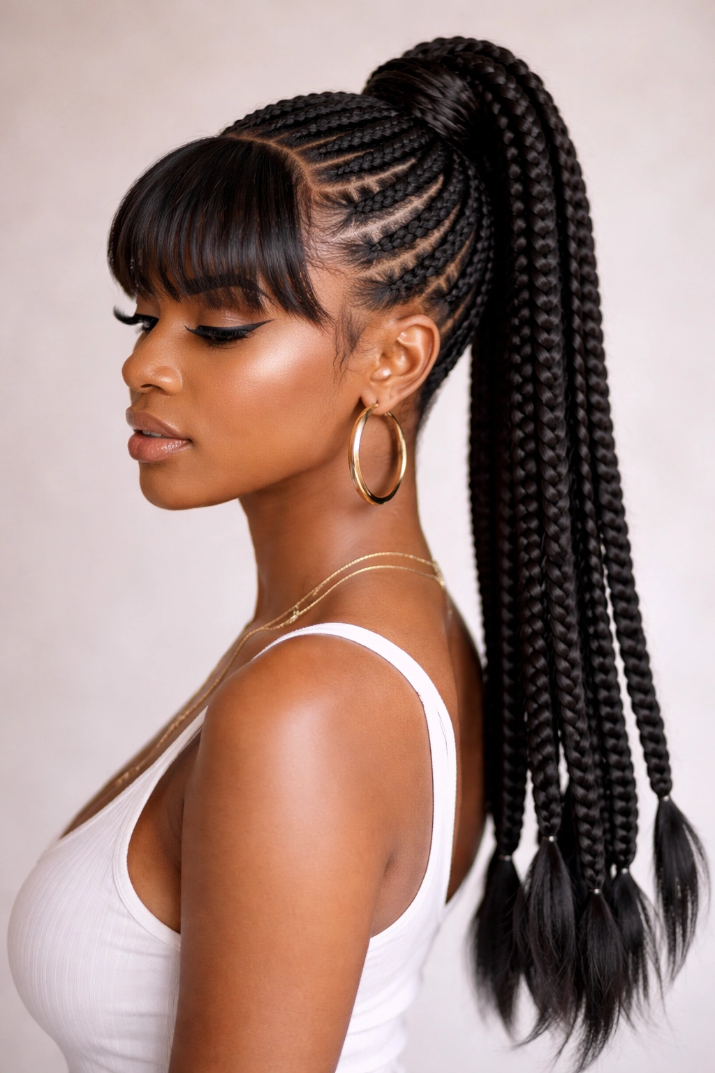 High ponytail with braided ends and chunky bangs