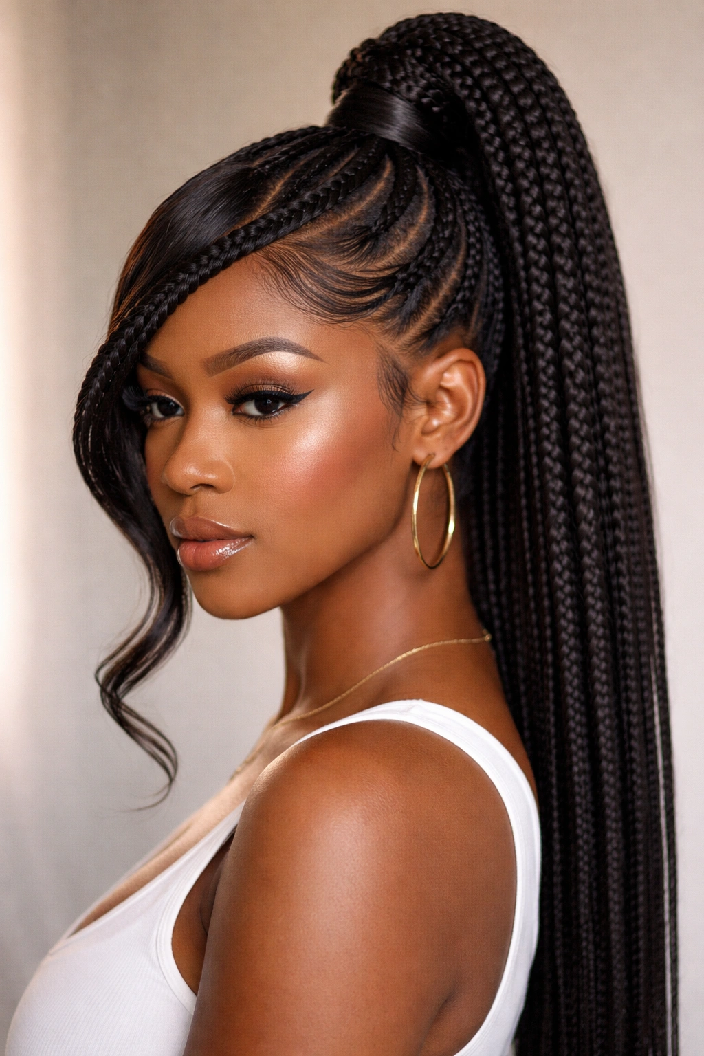 High ponytail with braided swoop bang framing the face on a Black woman