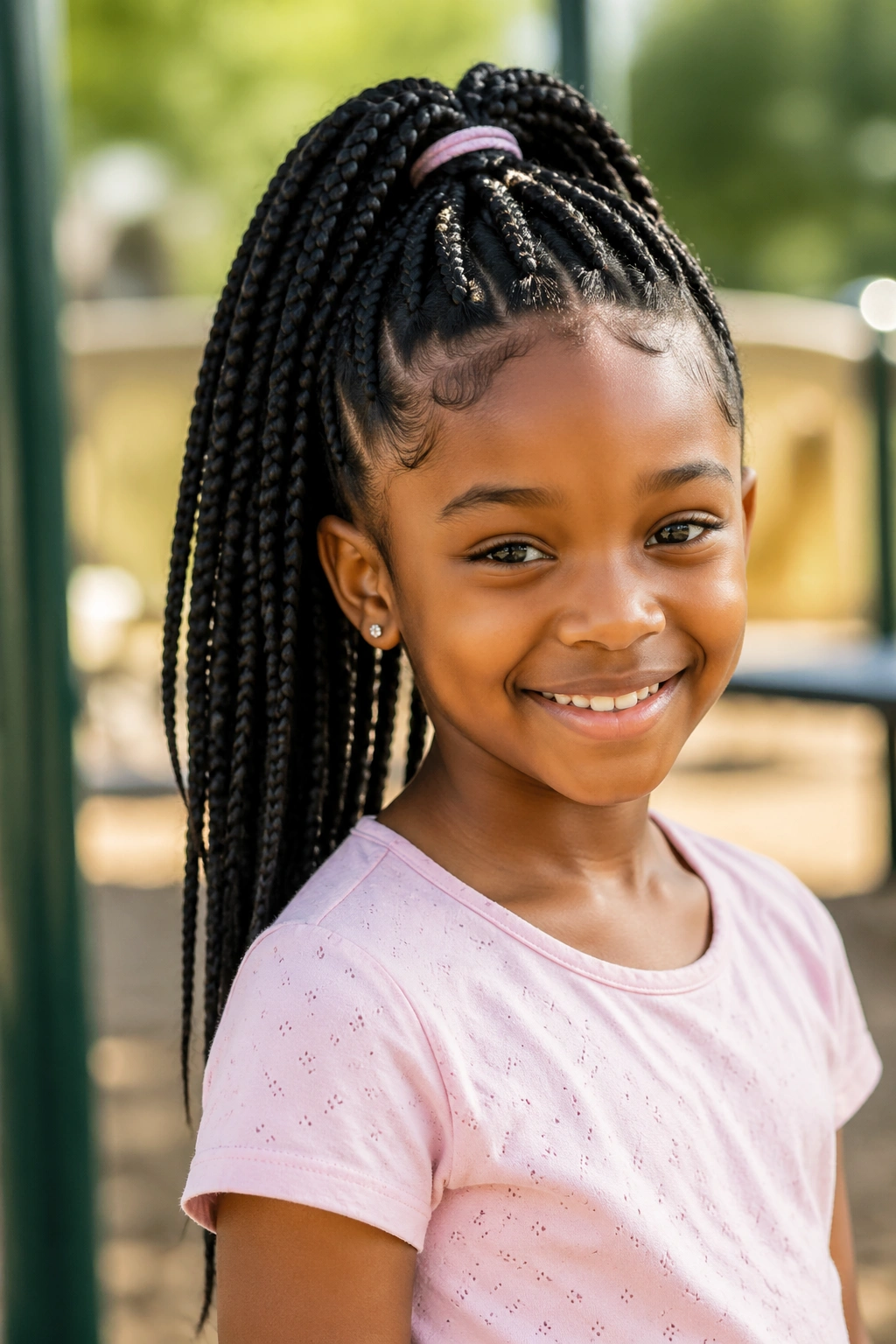 Girl with high ponytail box braids outdoors in sunlight.
