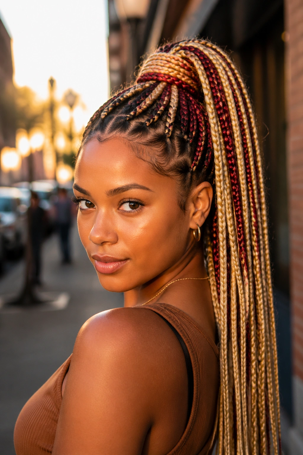 Real woman with high ponytail of blonde and red box braids.