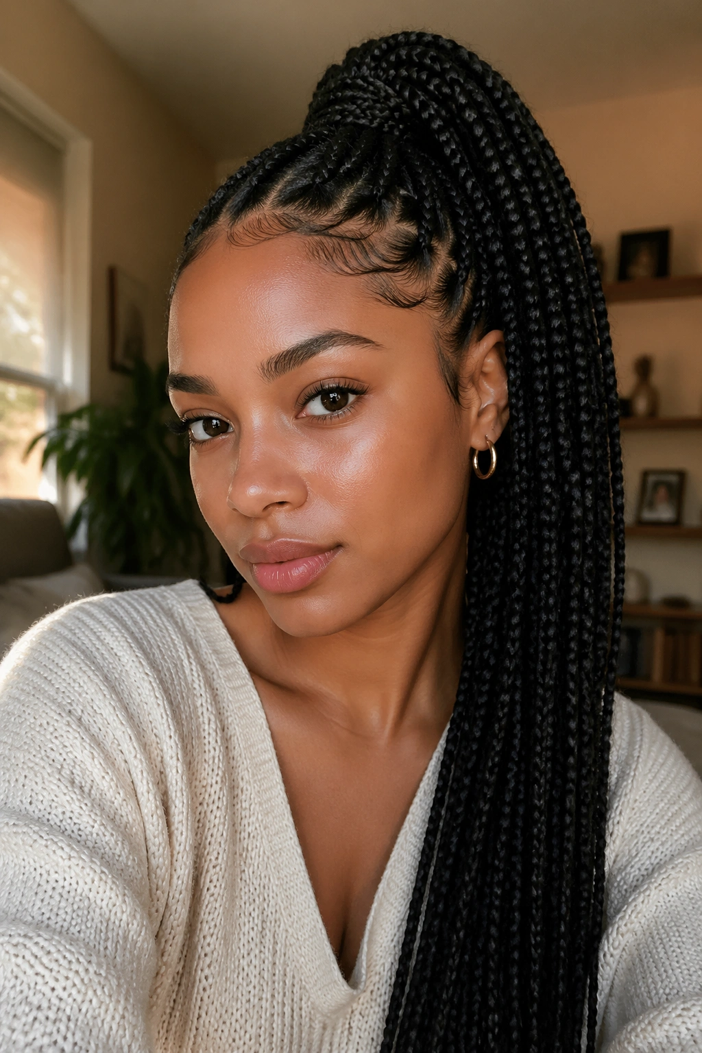 Close-up of a real woman with a high ponytail of box braids in warm window light.