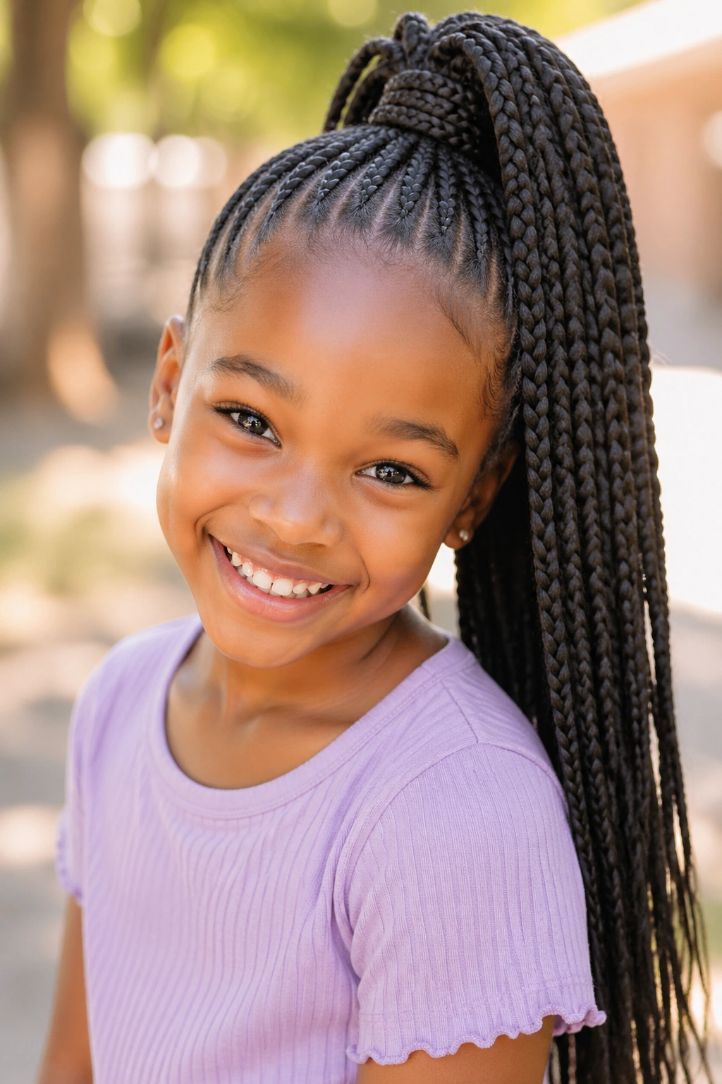 Close-up of a girl with a high ponytail of box braids in a sunny outdoor setting