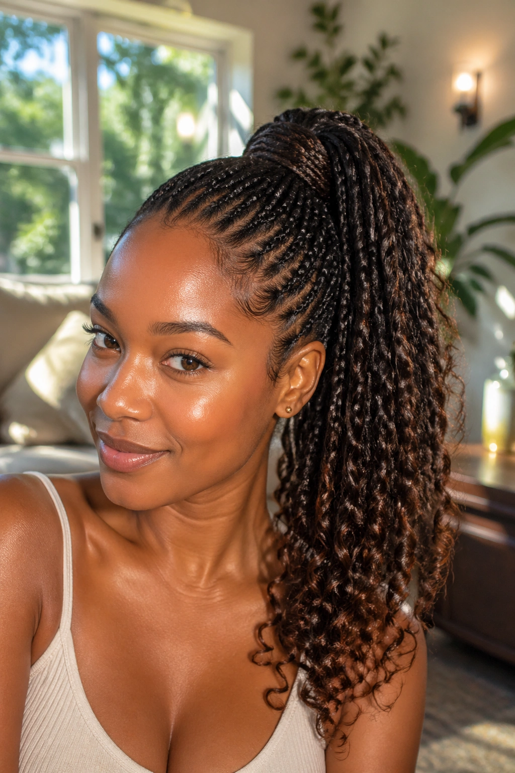 Close-up of a real woman with a high braided ponytail and curly ends.