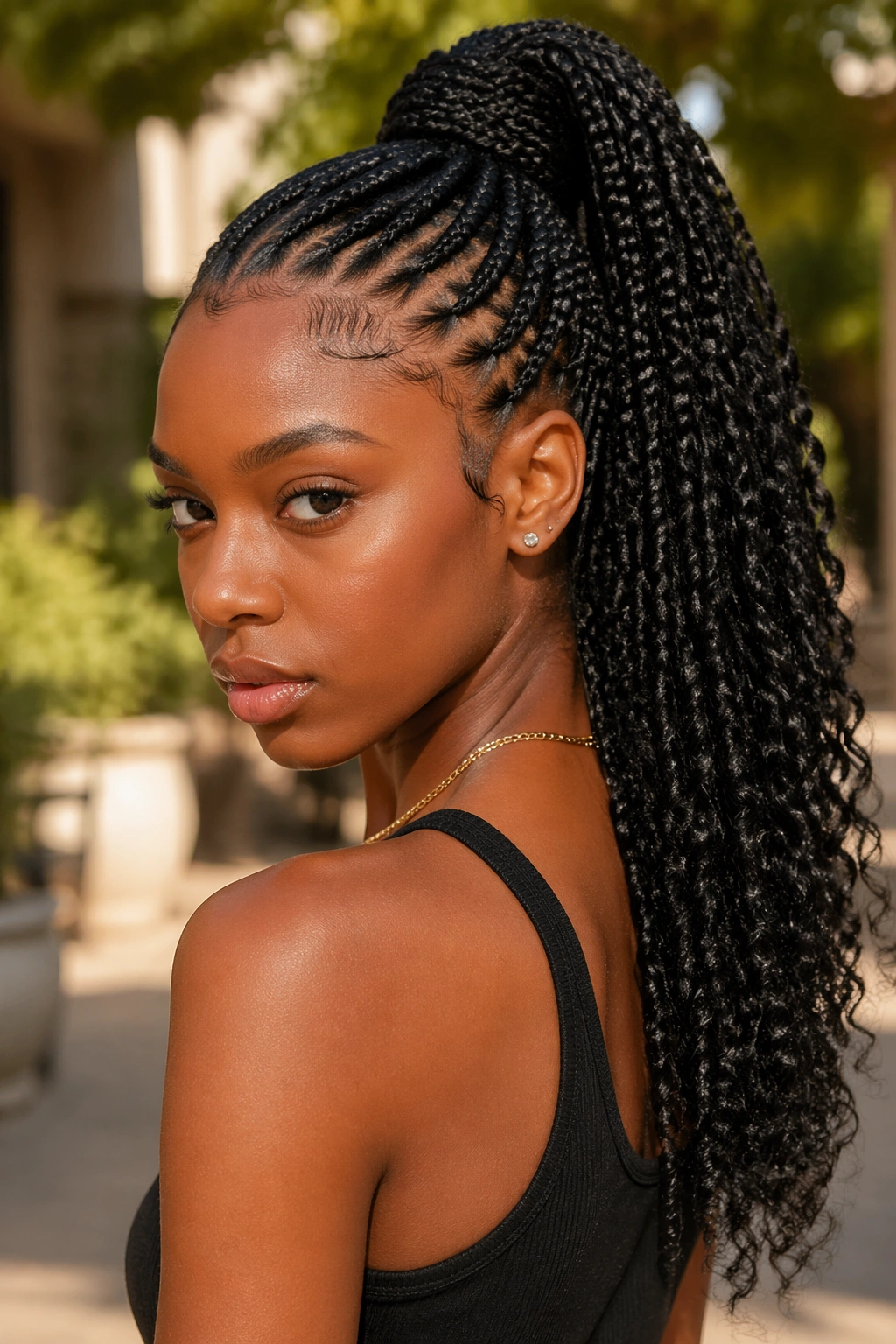 Close-up of a real woman with a high ponytail of box braids and curly ends in natural outdoor light