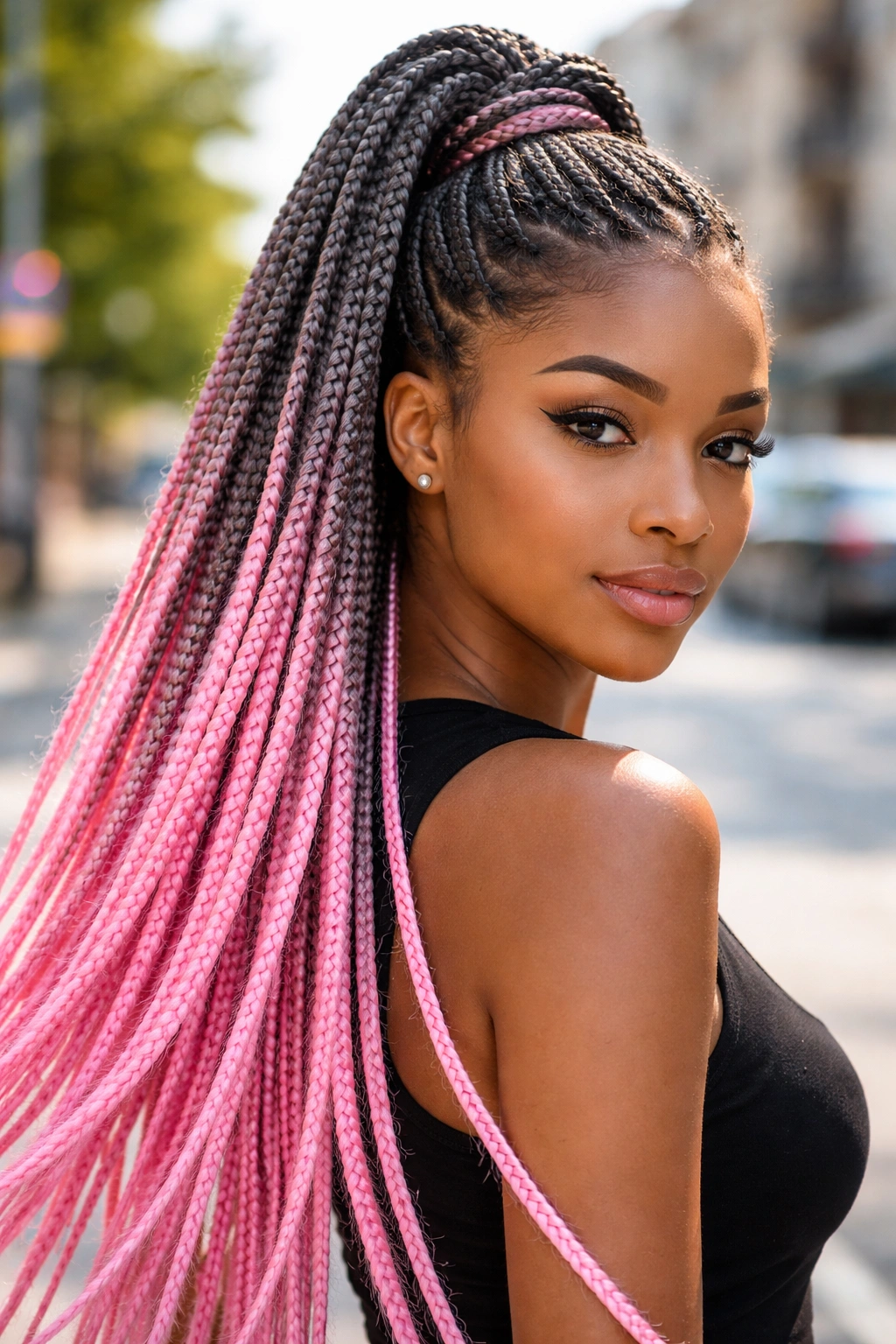 Portrait of a real woman with a high ponytail of grey and pink box braids.