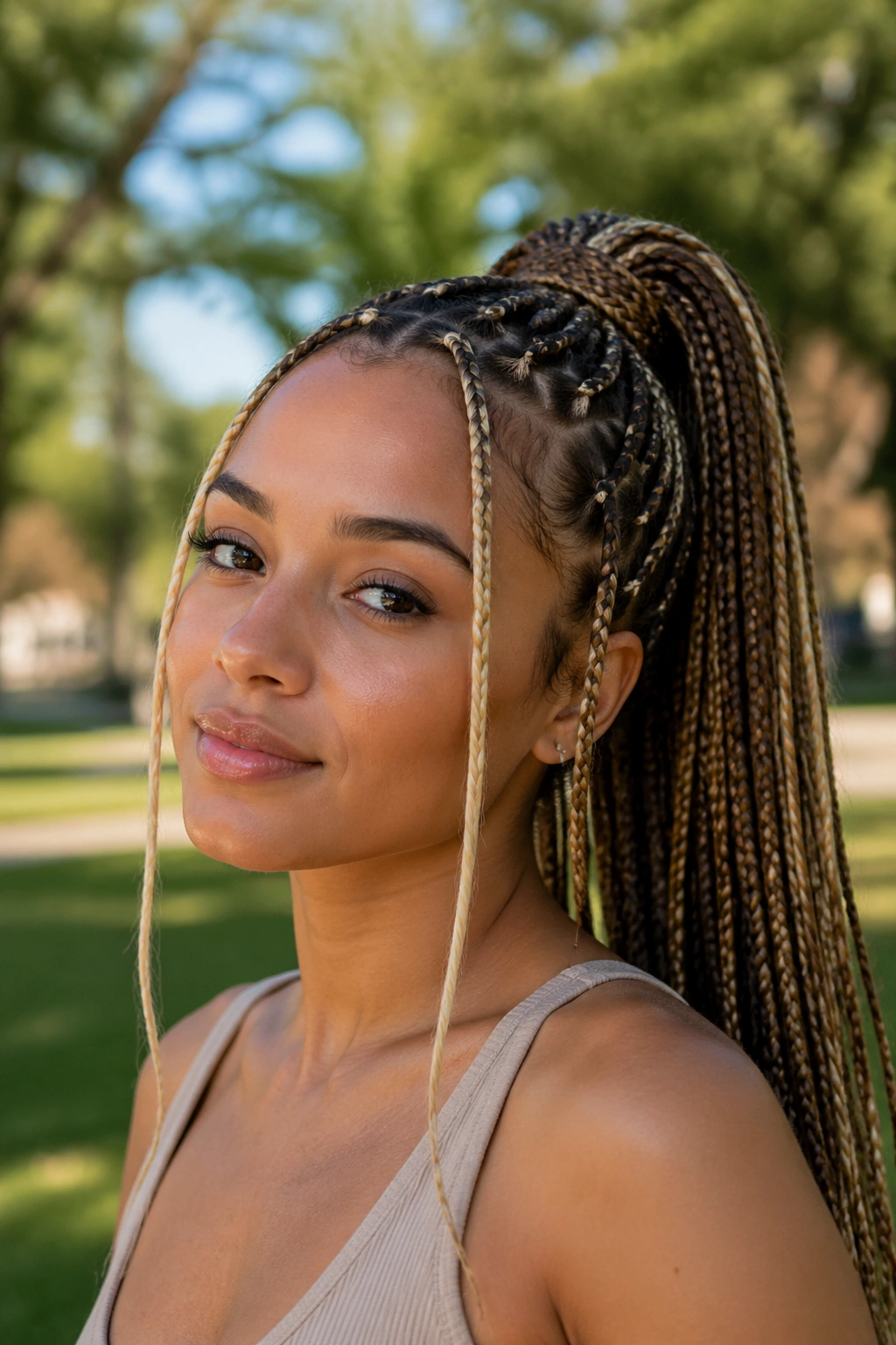 Portrait of a real woman with High Ponytail Braids and Blonde Money Pieces
