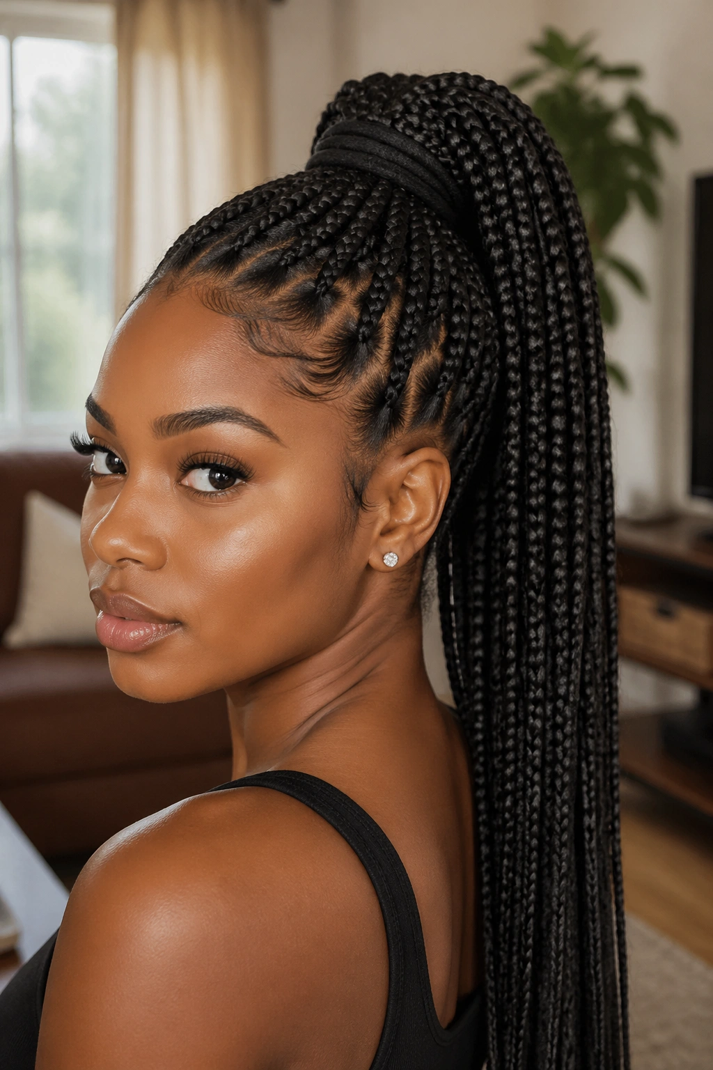 Close-up portrait of a real person with a high ponytail long box braids.