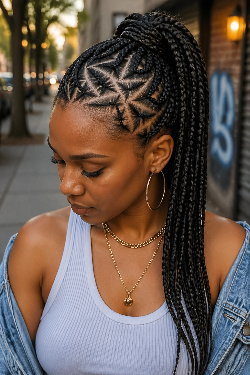 Real person with high ponytail box braids showing star base at crown