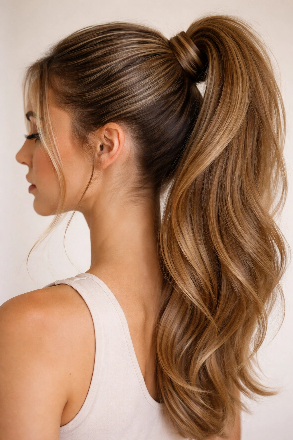 Close-up of a high ponytail with hair wrapped around the base to hide the claw clip on a neutral background