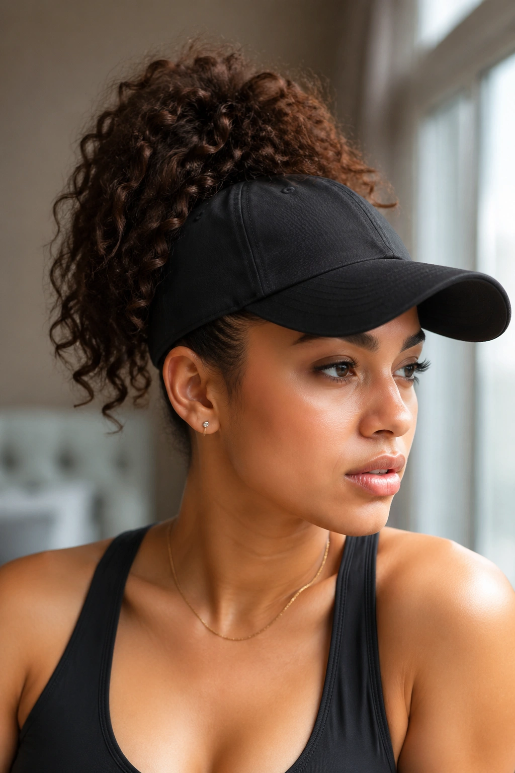 Close-up portrait of a real person with high ponytail through cap opening