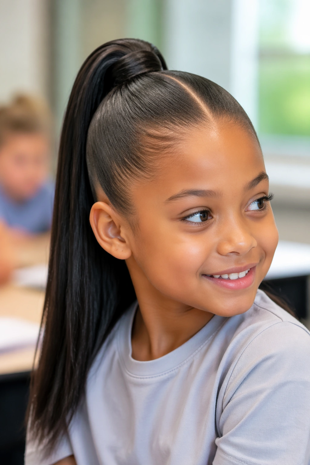 Close-up of a child with a high sleek ponytail and center part