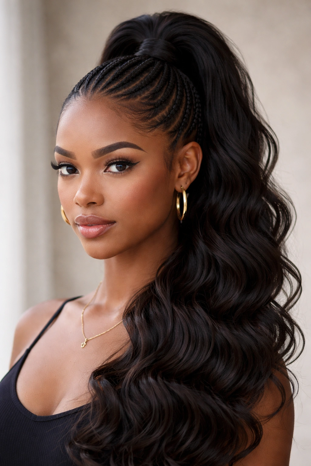High ponytail on a flat cornrow base with waves
