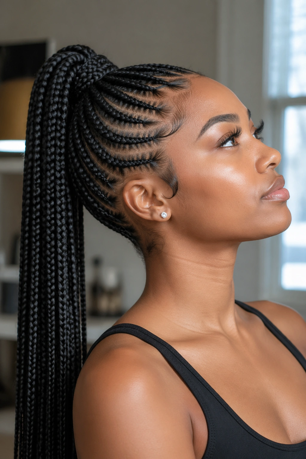 Close-up of a real woman with a high ponytail made from feed-in braids