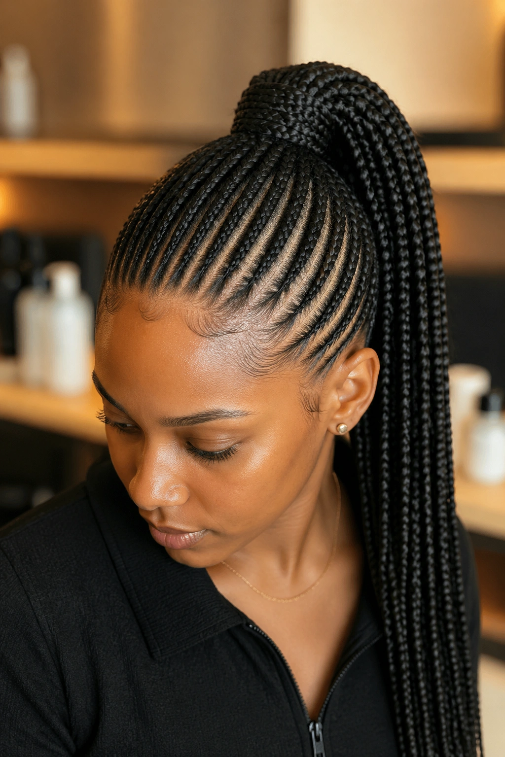 Close-up portrait of a real woman with twenty cornrows in a high ponytail.
