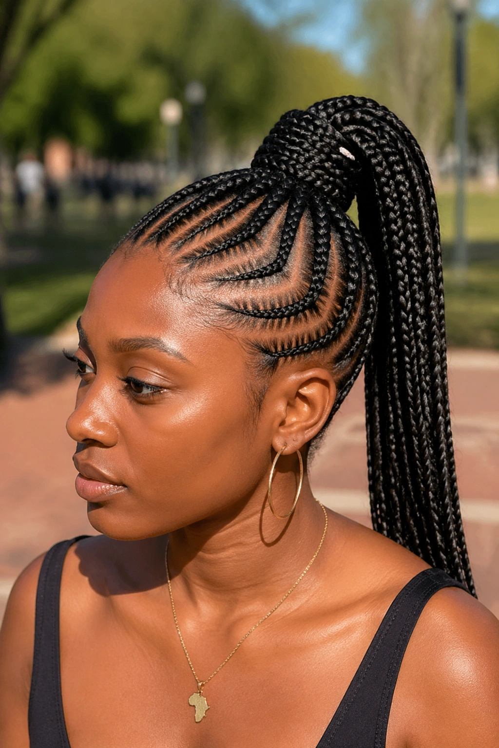Real woman with cornrows feeding into a high ponytail in a sunlit setting