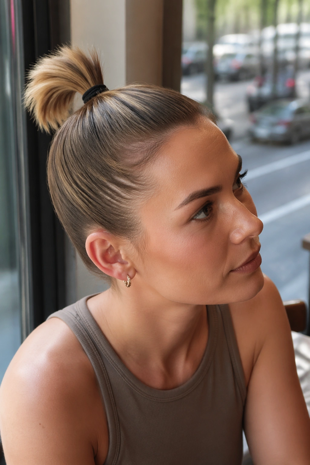 Portrait of a woman with a high micro ponytail above the crown in a natural setting.