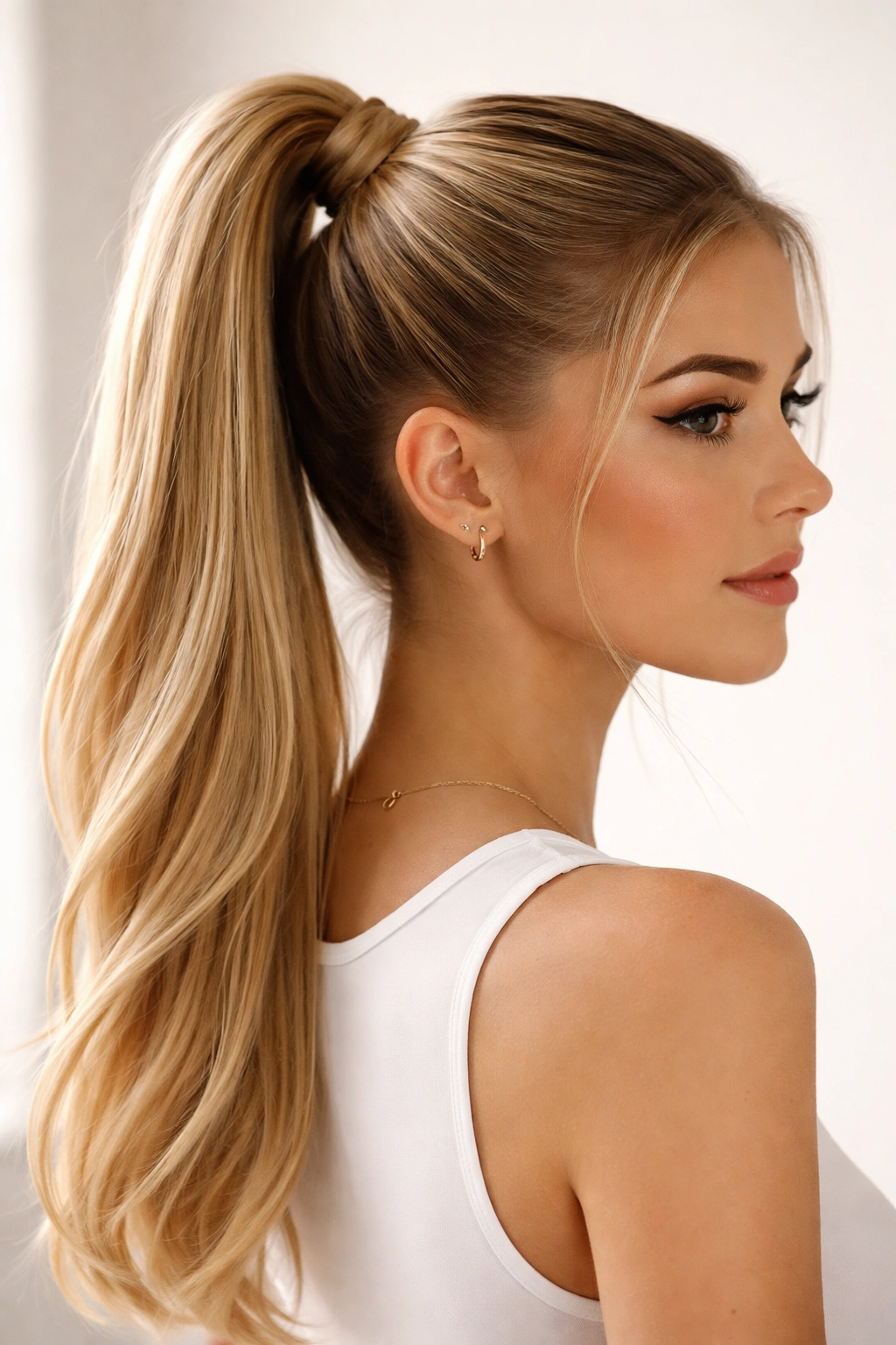High ponytail perched at the crown with sleek, glossy hair.