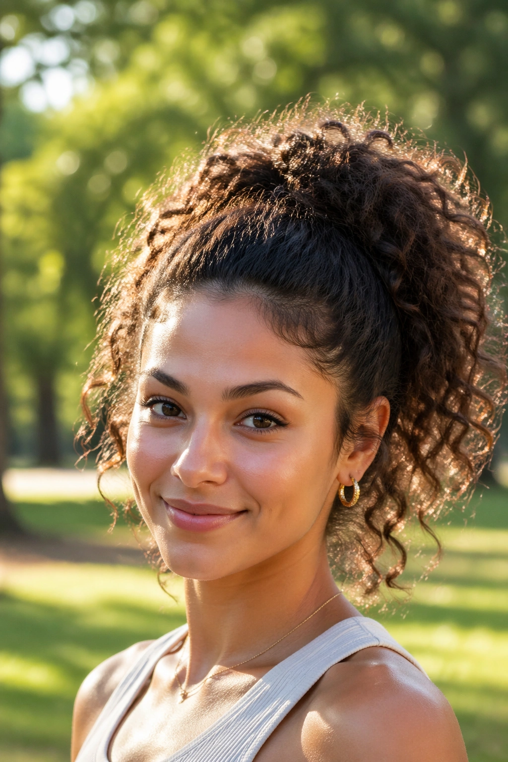 Close-up of a real woman with a high curly ponytail showing crown volume.