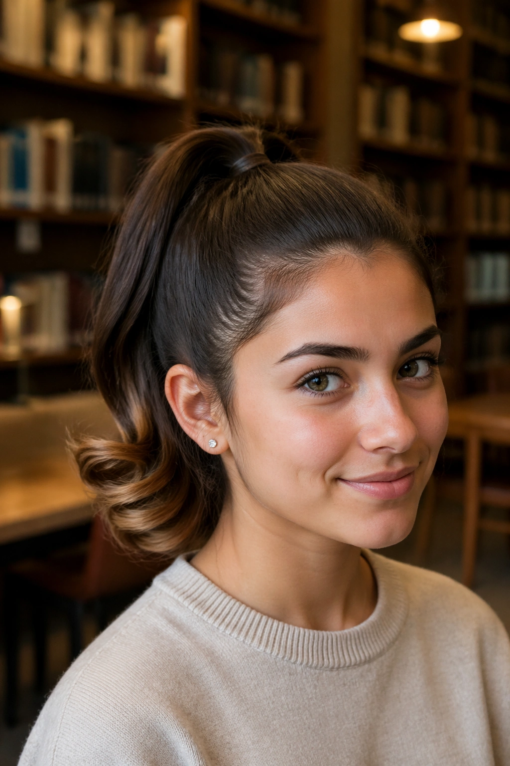 Portrait of a person with a high ponytail and cuffed curls