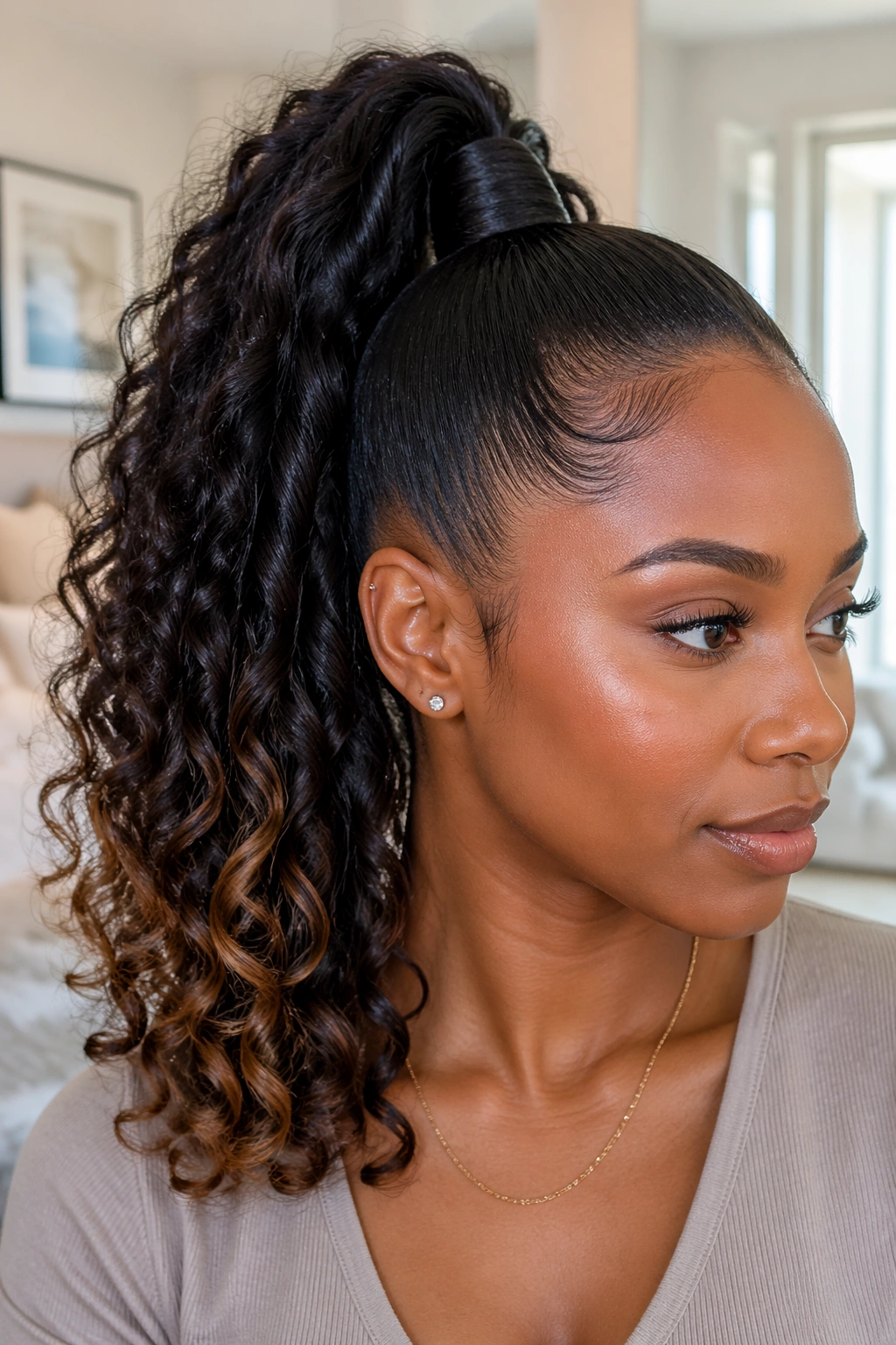 Close-up of a real person with a high ponytail and curled ends