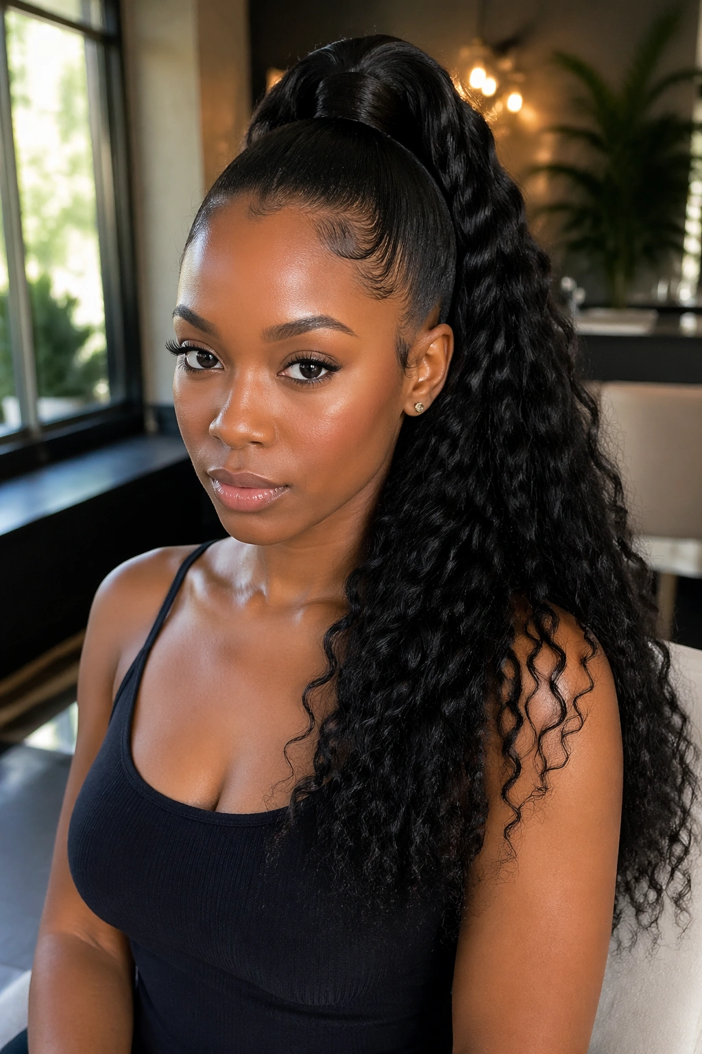 Close-up of a real woman with a 24-inch sleek high ponytail and curly ends.
