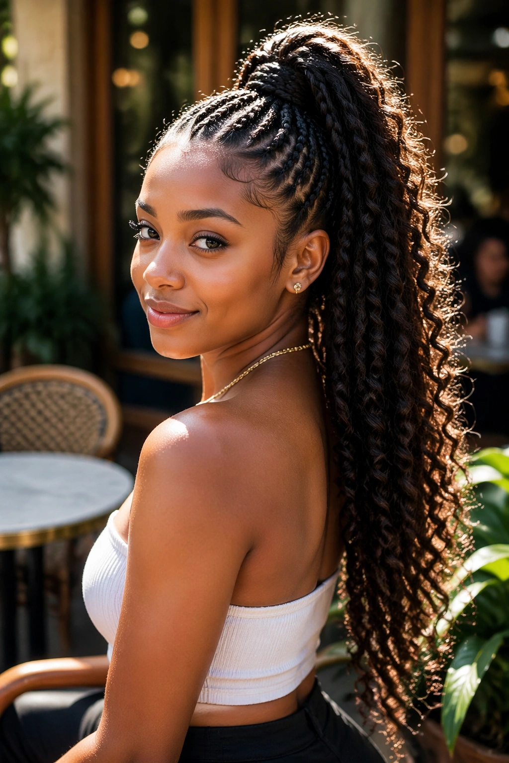 Close-up portrait of a real woman with High Ponytail with Cascade Curls showing a high ponytail and cascading curls