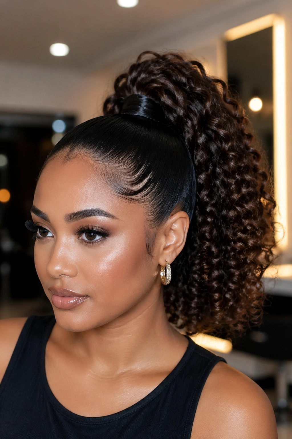 Close-up of a real woman with a sleek high ponytail and curly ends
