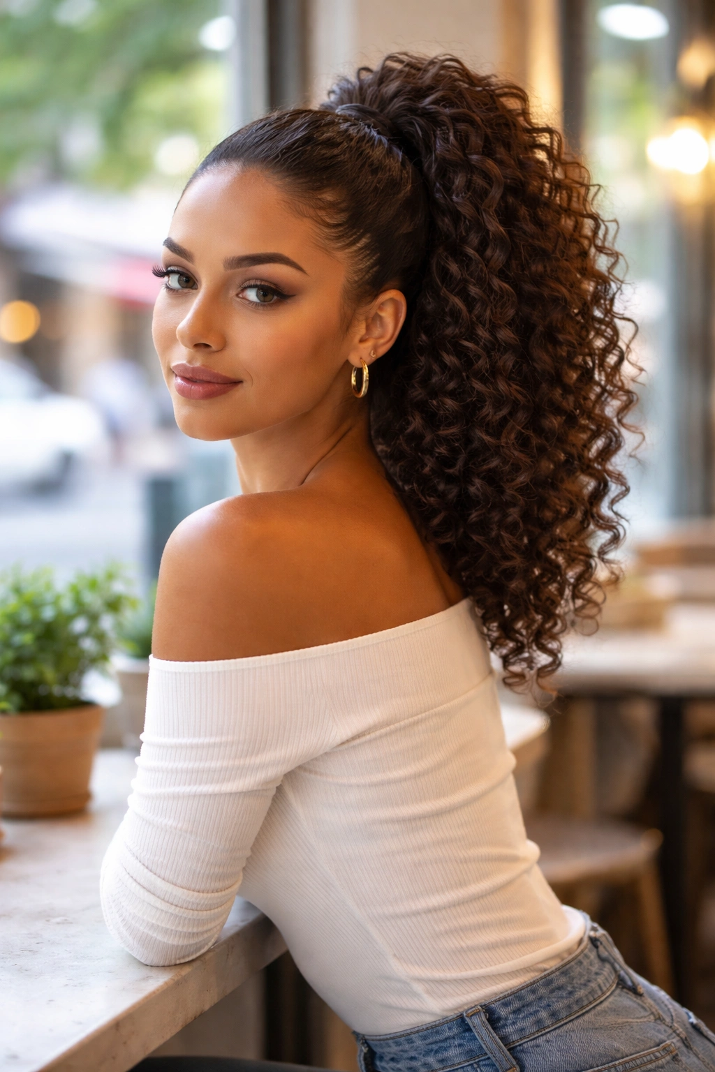 High curly ponytail with lifted crown in a cafe setting