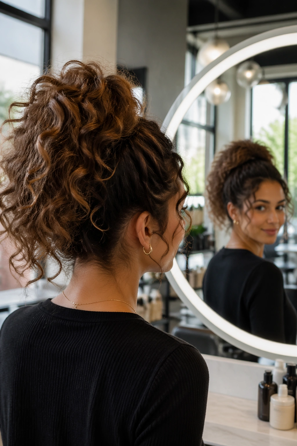 Over-the-shoulder view of a high curly ponytail with crown lift in a bright salon