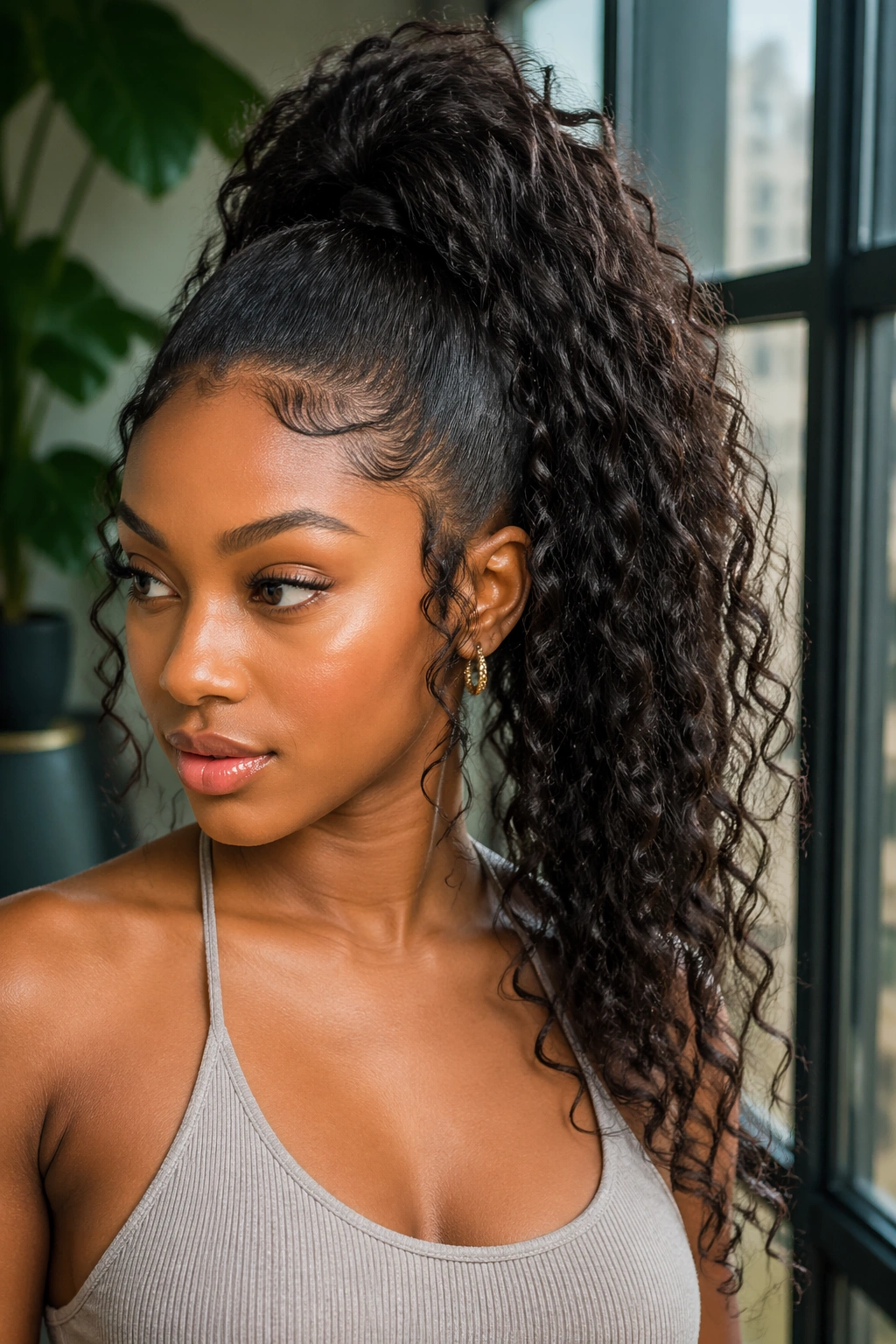 Real woman with a high curly ponytail and hidden base in a bright urban room